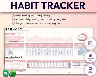 Habit Tracker Spreadsheet | Google Sheets, Excel Template (Digital Download)