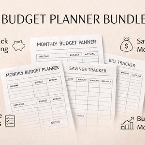 May include: A bundle of budget planner sheets with the text "BUDGET PLANNER BUNDLE". The sheets include sections for tracking spending, income, expenses, savings, and bills. The image also includes icons for saving money and organizing bills.