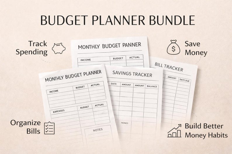 May include: A bundle of budget planner sheets with the text "BUDGET PLANNER BUNDLE". The sheets include sections for tracking spending, income, expenses, savings, and bills. The image also includes icons for saving money and organizing bills.