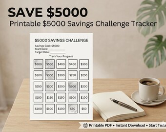 5000-Dollar-Spar-Challenge (zum Ausdrucken), Geldspar-Challenge, Budgetordner-Sparplaner, Sparplaner zum Ausdrucken