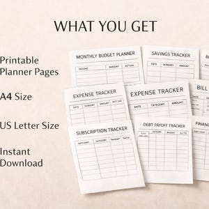 May include: A collection of printable planner pages, including monthly budget, savings, expense, and bill trackers. The image shows the text "WHAT YOU GET", "A4 Size", and "US Letter Size". Instant download available.