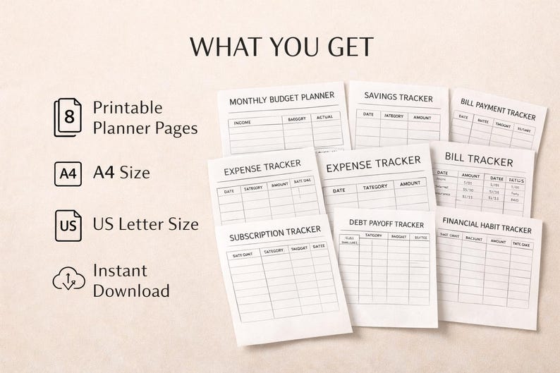 May include: A collection of printable planner pages, including monthly budget, savings, expense, and bill trackers. The image shows the text "WHAT YOU GET", "A4 Size", and "US Letter Size". Instant download available.