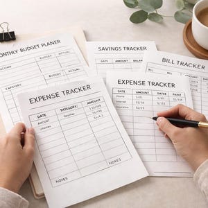 May include: A collection of printed expense trackers, a savings tracker, and a monthly budget planner. A person is writing on an expense tracker with a pen. A cup of coffee and a calculator are also visible.