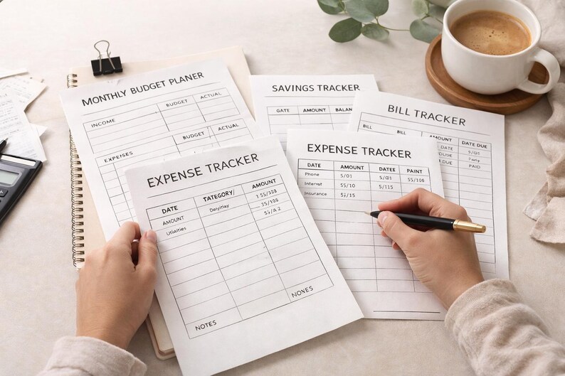 May include: A collection of printed expense trackers, a savings tracker, and a monthly budget planner. A person is writing on an expense tracker with a pen. A cup of coffee and a calculator are also visible.