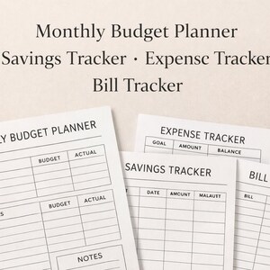 May include: A collection of white paper sheets for financial planning. The sheets include a monthly budget planner, savings tracker, expense tracker, and bill tracker. Each sheet has a grid layout with labeled sections for income, expenses, and other financial details.