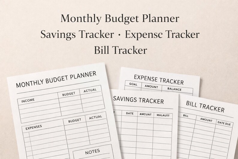 May include: A collection of white paper sheets for financial planning. The sheets include a monthly budget planner, savings tracker, expense tracker, and bill tracker. Each sheet has a grid layout with labeled sections for income, expenses, and other financial details.