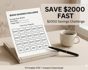 2000-Dollar-Spar-Challenge (zum Ausdrucken), Geldspar-Challenge, Budgetordner-Sparplaner, Sparplaner zum Ausdrucken