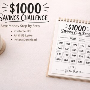 1K Savings Challenge Printable, Money Saving Challenge Tracker, Budget Binder Savings Tracker, Printable Savings Goal Planner