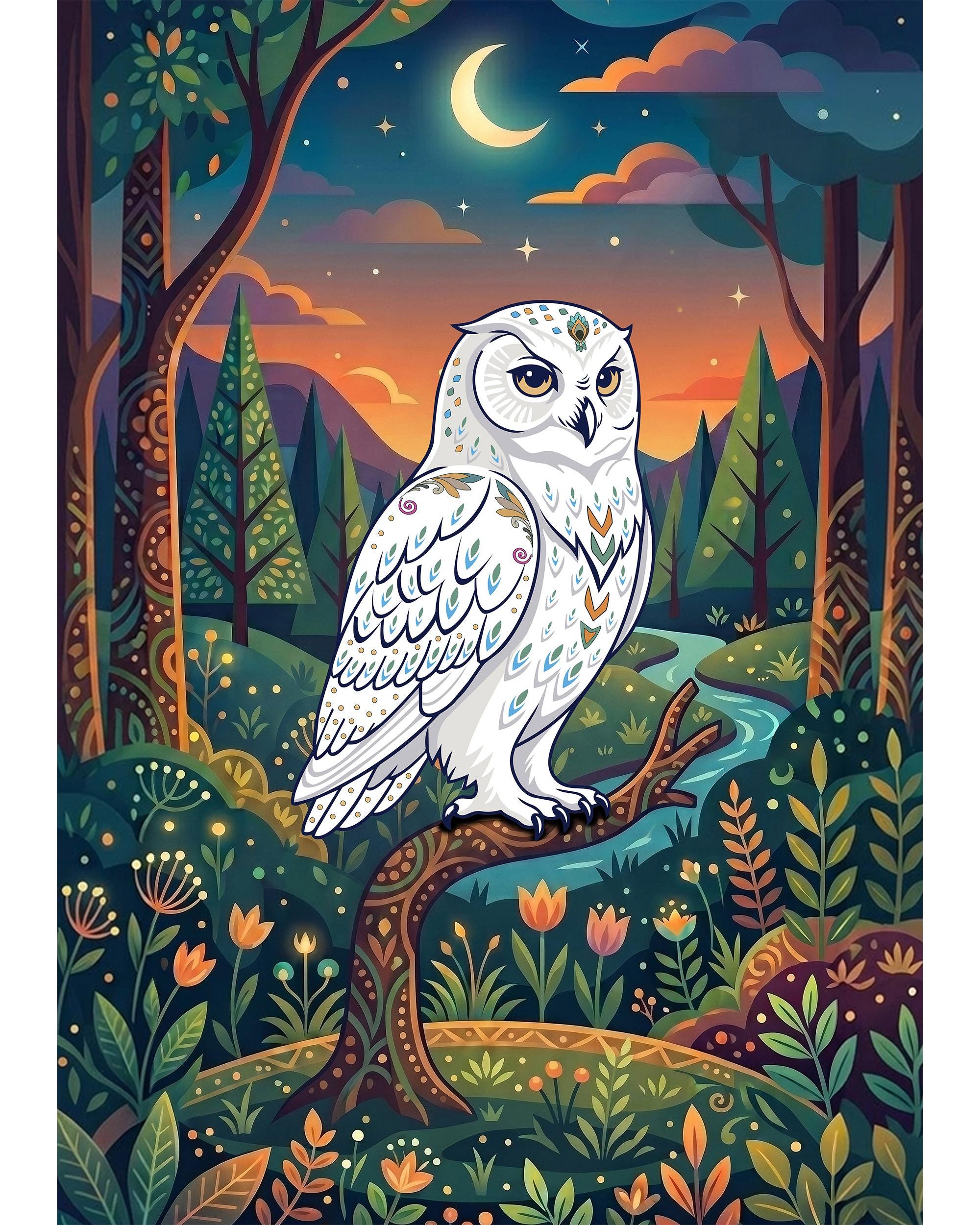 White Owl Wall Art | Decorative Woodland Animals | Moonlit Forest Print | Celestial Nature Decor