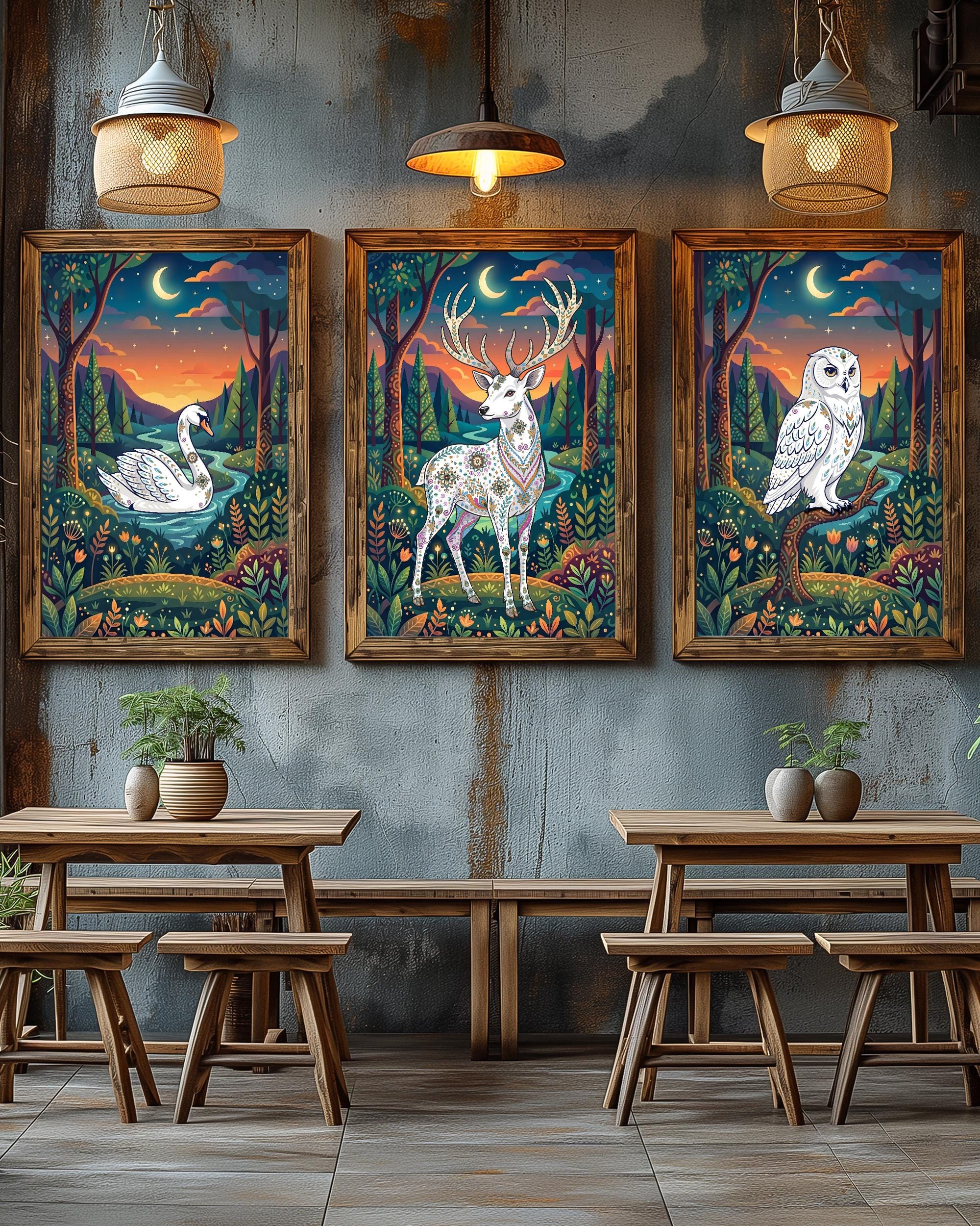 Woodland Animals Wall Art Set | Deer, Owl, Swan Moonlit Forest Prints (Digital Download)