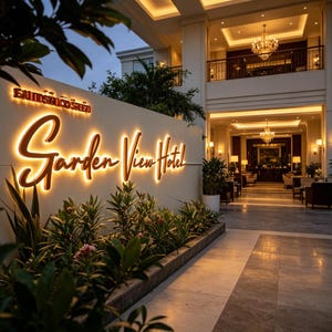 以下が含まれることがあります： 夕暮れ時のガーデンビューホテルの外観。ホテル名「Garden View Hotel」は、白い壁に温かく金色の光で照らされ、前景には緑豊かな植物があります。エントランスは、シャンデリアと魅力的な室内照明を備えた壮大なデザインです。