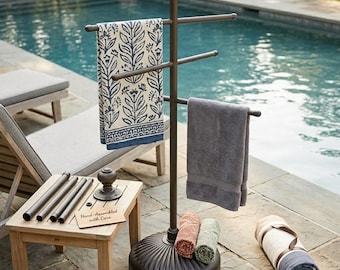 Outdoor Pool Towel Rack with Weighted Base, Freestanding Aluminum Towel Holder for Hot Tub & Patio, Adjustable 3-Bar Drying Stand, Spa Decor