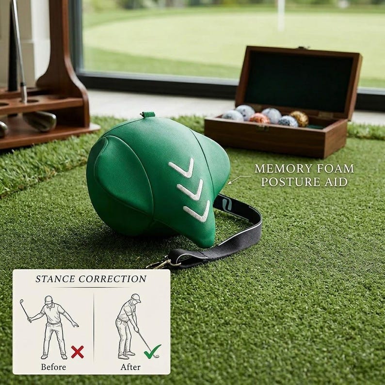 May include: A green memory foam posture aid for golf, with white arrow details and a black strap. The image includes a wooden box with golf balls and a diagram for stance correction.
