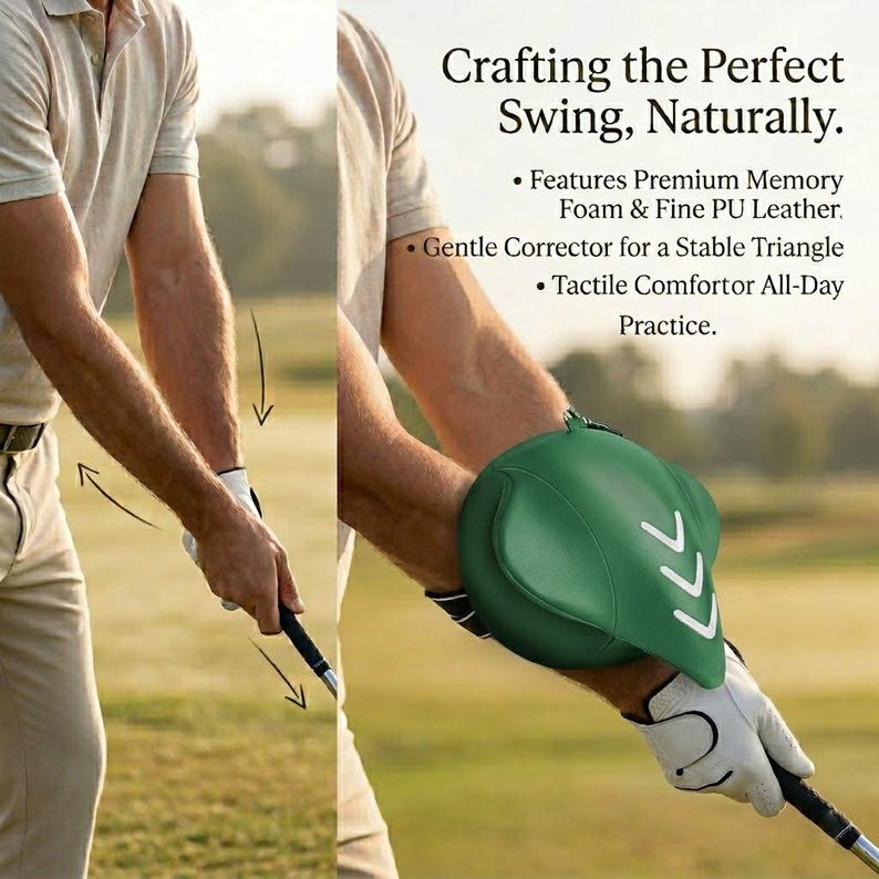 May include: A green golf swing training aid is shown on a person's arm, with the text "Crafting the Perfect Swing, Naturally." The aid features white arrows and is made of premium memory foam and fine PU leather. It is designed to help with a stable triangle and tactile comfort.
