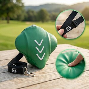 May include: Green golf swing training aid with three white chevrons. The training aid has a black strap with the letter "S" printed on it. The aid is on a wooden surface with a green golf course in the background.