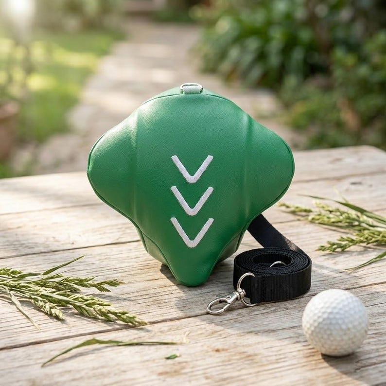 May include: A green golf swing trainer with three white chevron markings. The trainer has a black strap with a silver clasp. A white golf ball is next to the trainer on a wooden surface.