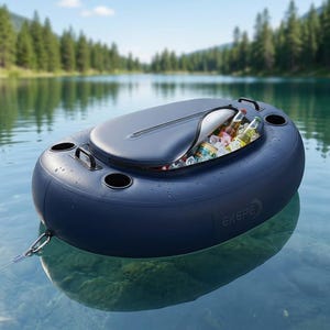 May include: A navy blue inflatable floating cooler with a zippered lid, cup holders, and a handle. The cooler is filled with ice and various beverage bottles and cans. The cooler is floating on a lake.
