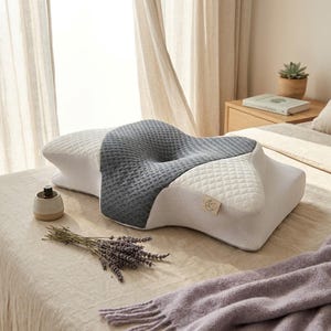 May include: A contoured memory foam pillow with a gray center section and white quilted sides. A small tag with a crescent moon and star is attached. The pillow is on a bed with lavender and a small essential oil bottle.
