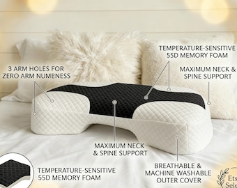 Shoulder Relief Pillow for Side Sleepers, 3 Arm Holes Memory Foam Cushion for Numbness, Orthopedic Neck Support, Snoring & Cuddle Gift