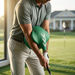 May include: A golfer in a green polo shirt and khaki pants practices their swing on a golf course. They are using a green training aid with white arrow markings on their arm. The background includes a golf course and a house.