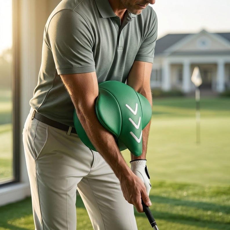 May include: A golfer in a green polo shirt and khaki pants practices their swing on a golf course. They are using a green training aid with white arrow markings on their arm. The background includes a golf course and a house.