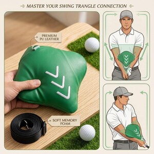 May include: Green golf swing training aid made of premium PU leather with white arrow details. Includes a black strap and a golf ball. The text reads "MASTER YOUR SWING TRANGLE CONNECTION".