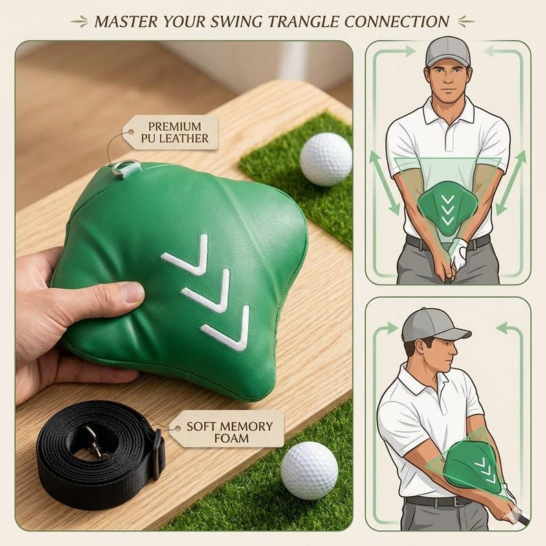 May include: Green golf swing training aid made of premium PU leather with white arrow details. Includes a black strap and a golf ball. The text reads "MASTER YOUR SWING TRANGLE CONNECTION".