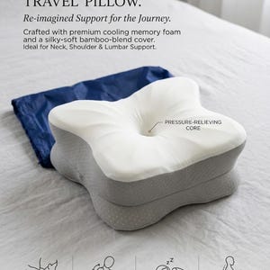 May include: A white and gray travel pillow with a unique shape, designed for neck, shoulder, and lumbar support. The pillow has a pressure-relieving core and is made with cooling memory foam and a bamboo-blend cover. The text on the image says "ERGO-COMFORT TRAVEL PILLOW."