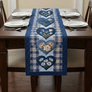 Blue Floral Heart Table Runner Quilt Style | Farmhouse Dining Table Decor | Vintage Patchwork Table Runner | Kitchen Table Cover Gift