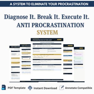 May include: A digital anti-procrastination system with the text "Diagnose It. Break It. Execute It." and "ANTI PROCRASTINATION SYSTEM." Includes PDF template, instant download, and annotate compatible features. The system includes worksheets.