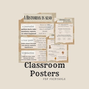 May include: A beige classroom poster set with the title "A Historian Is Also" and the words "Classroom Posters" in large, bold letters. The poster includes text about journalism, tour guides, and detectives, with additional text about historical analysis.