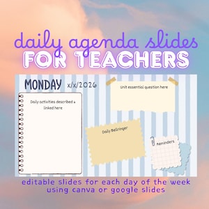 May include: A digital daily agenda slide template for teachers featuring a light blue striped background. Text includes daily agenda slides for teachers, Monday x/x/2026, unit essential question, daily activities, daily bellringer, and reminders.