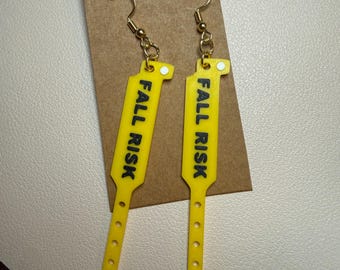 3D printed novelty hospital FALL RISK band earrings. Use code 3DFORFREE1 for free shipping when you purchase 2 or more items.