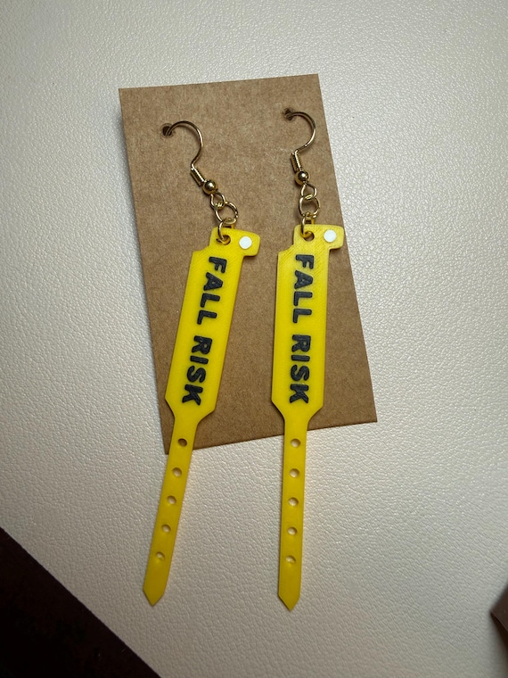 3D printed novelty hospital FALL RISK band earrings. Use code 3DFORFREE1 for free shipping when you purchase 2 or more items.