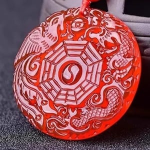 Red Agate Dragon Phoenix Pendant, Yin Yang Five Elements Jade Charm
