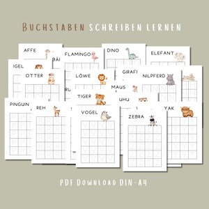 May include: A collection of A4 educational worksheets for learning to write letters, featuring animal illustrations and dotted letter tracing grids. The text at the top reads BUCHSTABEN SCHREIBEN LERNEN and at the bottom PDF DOWNLOAD DIN-A4.