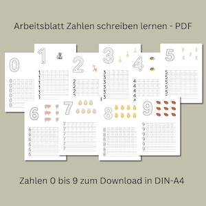Könnte beinhalten: Ein Set aus Lernblättern zum Schreibenlernen der Zahlen 0 bis 9, mit großen Umrisszahlen, Zeilen mit gepunkteten Linien zum Nachspuren und kleinen Tierillustrationen, beschriftet mit Arbeitsblatt Zahlen schreiben lernen - PDF und Zahlen 0 bis 9 zum Download in DIN-A4.