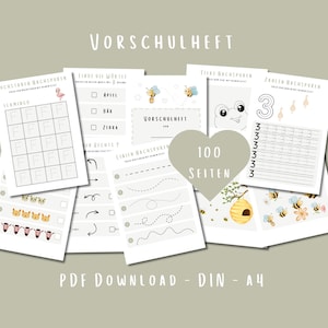 May include: A preschool workbook PDF download in DIN A4 format featuring 100 pages of educational activities. The pages include tracing exercises for letters, numbers, and lines, animal illustrations, and word search tasks with a bee and flower theme.