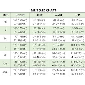 May include: Men's size chart displaying measurements in both centimetres and inches. Sizes range from XS to XXXL, with corresponding height, bust, waist, and hip dimensions. Includes cm and inch conversions for each size.
