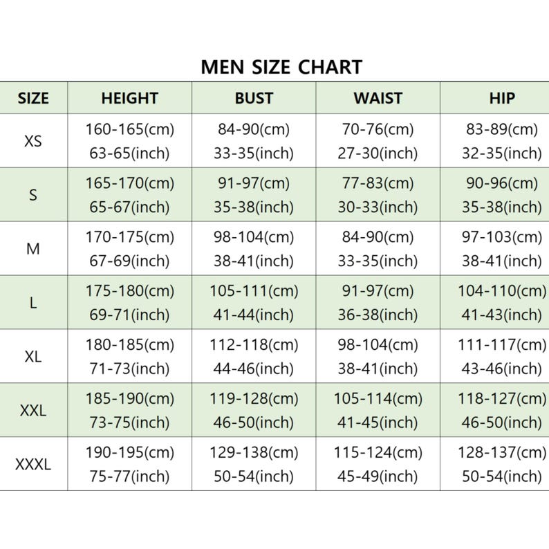 May include: Men's size chart displaying measurements in both centimetres and inches. Sizes range from XS to XXXL, with corresponding height, bust, waist, and hip dimensions. Includes cm and inch conversions for each size.