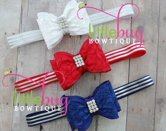 Red White Blue Headband, Bow Headband, Baby Shower Gift, Baby Girls Headband, USA Headband, 4th July Headband, Memorial Day Headband