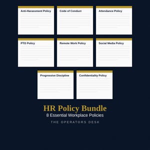 May include: An image of eight white notecards with gold borders, each labeled with an HR policy title, such as "Anti-Harassment Policy" and "Code of Conduct." The text "HR Policy Bundle" and "8 Essential Workplace Policies" is at the bottom.