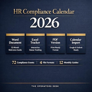 Könnte beinhalten: Ein marineblauer HR-Compliance-Kalender für 2026 mit vier Dateiformaten: Word-Dokument, Excel Tracker, PDF-Version und Kalenderimport. Enthält 72 Compliance-Ereignisse und 12 monatliche Leitfäden. The Operators Desk ist die Marke.