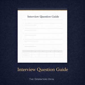 May include: A white notepad with the title "Interview Question Guide" in gold lettering. The notepad has several lined sections for writing and a table at the bottom. The Operators Desk is printed at the bottom.