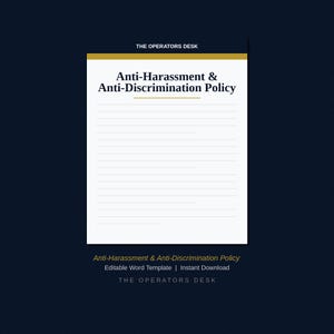 Może przedstawiać: Dokument zatytułowany "Polityka Antymobbingowa i Antydyskryminacyjna" ze złotym nagłówkiem i stopką na ciemnoniebieskim tle. Tekst jest w czystej, czytelnej czcionce. Dokument jest edytowalnym szablonem Word do natychmiastowego pobrania.