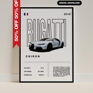 Może przedstawiać: Oprawiony plakat z białym samochodem Bugatti Chiron. Plakat zawiera tekst "Bugatti Chiron" oraz specyfikacje, takie jak 0-96 km/h w 2,3 sekundy i prędkość maksymalną 420 km/h. Czerwony baner wskazuje 50% zniżki.