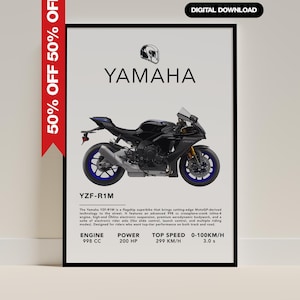 Könnte beinhalten: Poster eines schwarzen Yamaha YZF-R1M Motorrads mit blauen Akzenten. Das Poster enthält das Yamaha-Logo, eine Helm-Grafik und Spezifikationen wie Hubraum, Leistung, Höchstgeschwindigkeit und 0-100 km/h-Zeit. Der Text "DIGITALER DOWNLOAD" ist ebenfalls vorhanden.
