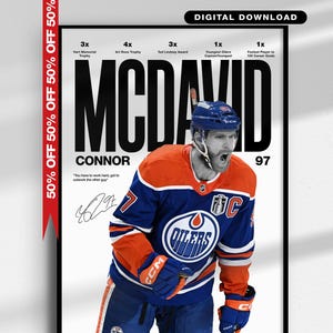 May include: Framed poster of Connor McDavid in an Edmonton Oilers jersey. The poster includes the text "McDavid" in large black letters, statistics, and a signature. The jersey is blue and orange.