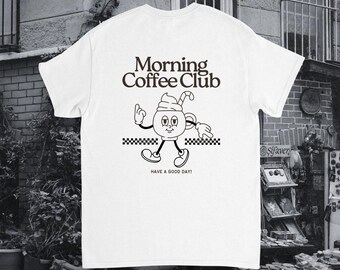 モーニングコーヒークラブ、モーニングコーヒークラブTシャツ、ヴィンテージコーヒーショップスタイル、コーヒーショップの雰囲気、コーヒー好きのための朝の儀式