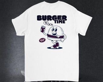 バーガータイムTシャツ｜ユニセックスTシャツ｜グラフィックTシャツ｜レトロなフードデザイン｜ヴィンテージストリートウェア｜おしゃれな服｜グルメギフト
